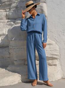 SHEIN Clasi Solid Color Button Down Long Sleeve Shirt And Wide Leg Pants - Blue - View 6