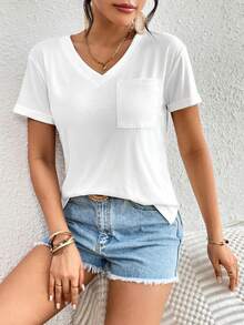 SHEIN Essnce Solid Color Slim Fit V-Neck Short Sleeve T-Shirt With Patch Pocket - White - View 6