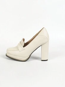 Fall/Winter 2025 Women's Wooden Grain Thick Heel Waterproof Platform Square Toe Casual Office Pumps,Elegant,Loafers - Beige - View 8