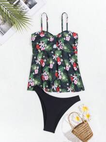 SHEIN Swim Summer Tropical Print Cami Plain Triangle Briefs Tankini Set - Multicolor - View 4