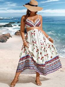 SHEIN Clasi 大尺碼花卉印花中空肩帶裙子 - 彩色 - 查看 6