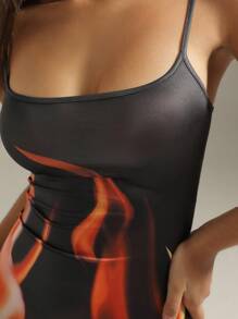 Zolique Black Digital Print Knit Spaghetti Strap Dress - Black - View 6