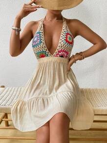 Breezaya Vestido bohemio de parche de cuello en V de longitud media con estampado floral multicolor tejido a mano, para vacaciones y sesión de fotos