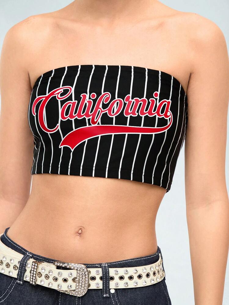 Striped Strapless Top With Letter Print