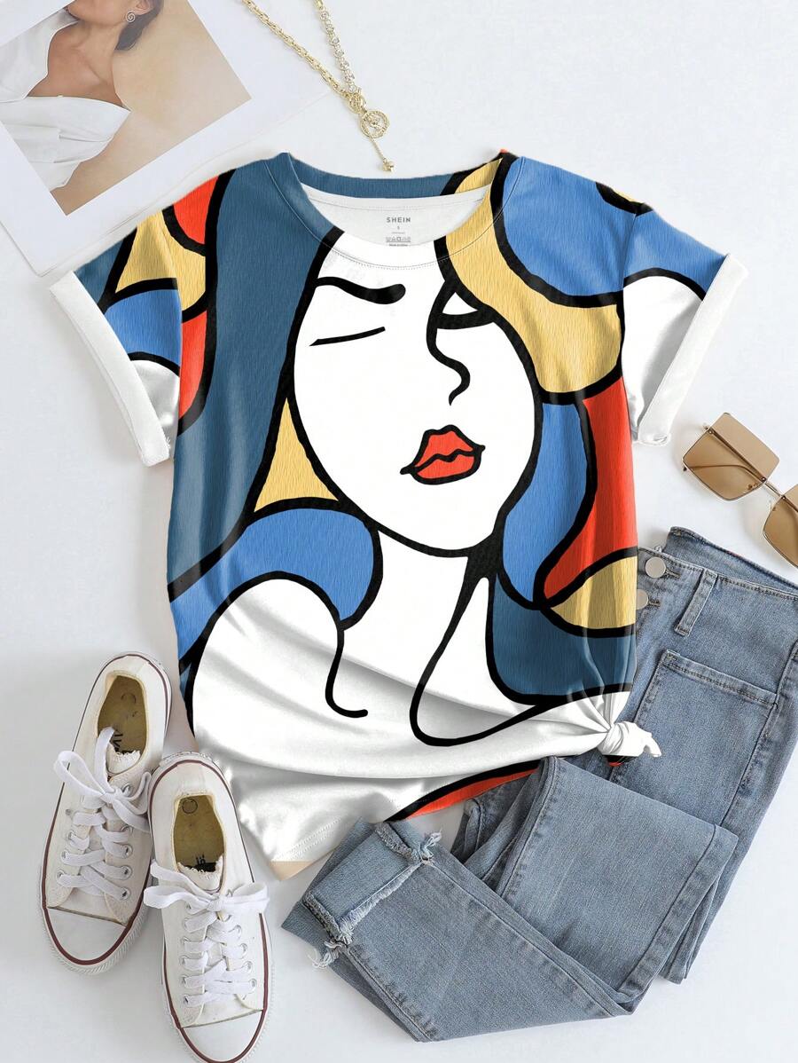 INAWLY Figure Graphic Tee Graphic Tees Women Tops