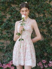 Vestido Casual Com Estampa Floral E Decote Halter Com Cintura Apertada - Multicolorido - Ver 5