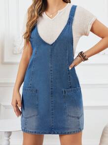 SHEIN LUNE Denim Dress With Double Front Pockets - Light Wash - View 3