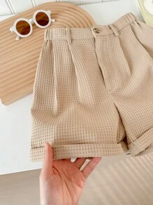 SHEIN LMoss Kids Solid Color Pleated Casual Straight Shorts For Tween Girls - Khaki - View 5