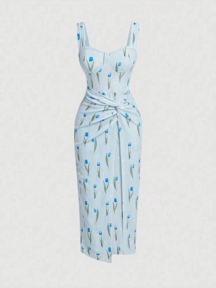 Women's Floral Printed Twist Detail Spaghetti Strap Dress