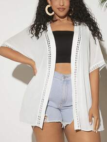SHEIN CURVE+ Plus Size Women'S Spring Break White Cardigan Lace Patchwork Batwing Sleeve Solid Open Front Kimono Robe Summer Cardigan Beach Women Outfits - White - View 5