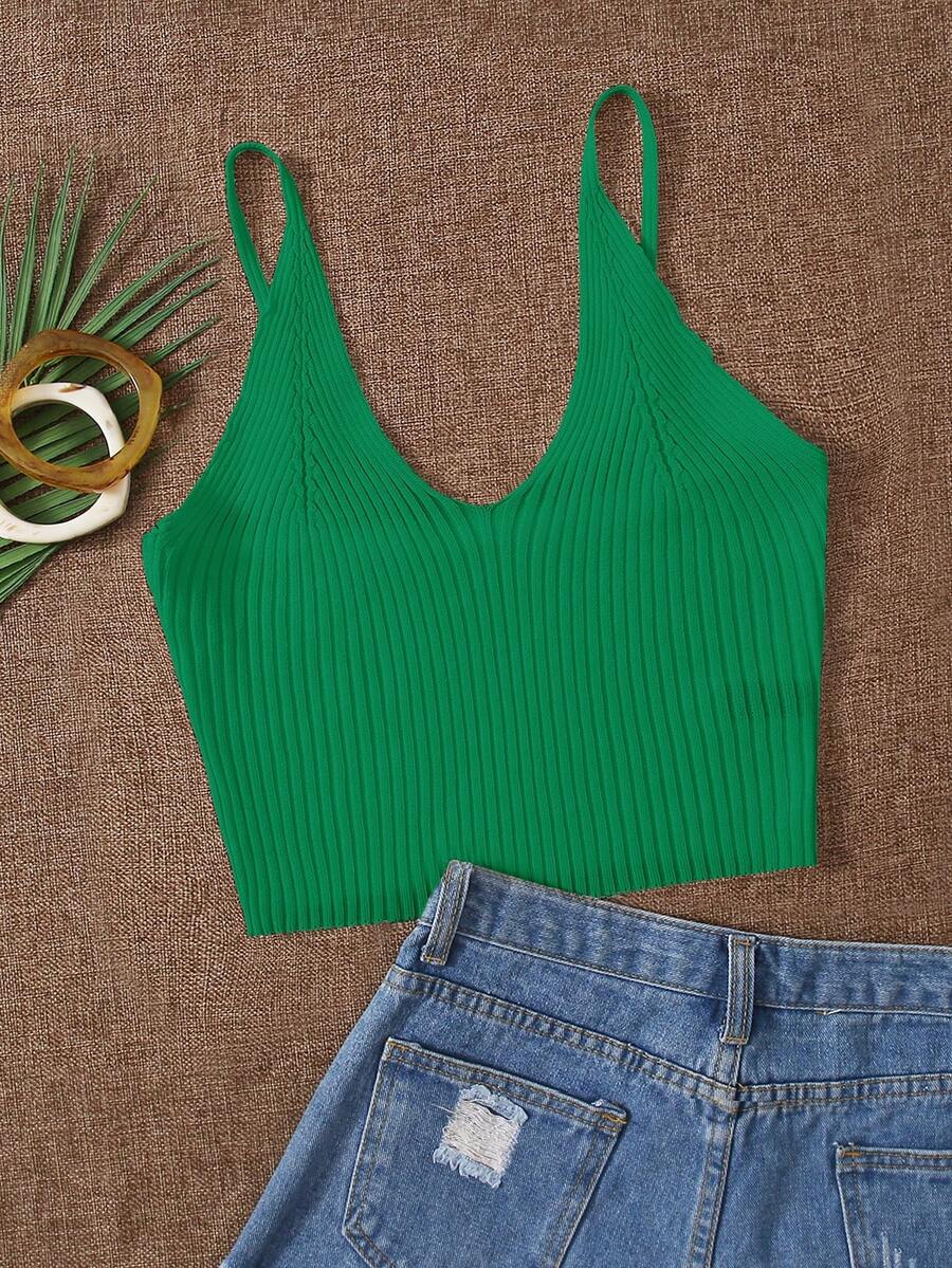 SHEIN Essnce Women's Solid Color Ribbed Knit Camisole Top - Green - View 1