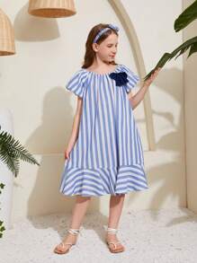 SHEIN Tween Girls' Loose Fit Casual Striped Knit Dress With Bubble Sleeves - Blue - View 3