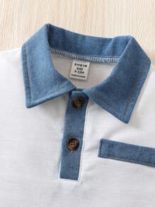 Outfit Primavera/estate Per Bambino 2 Pezzi, Top A Mezza Placket A Bottoni Contrastanti A Maniche Corte E Pantaloncini In Denim Con Elastico In Vita