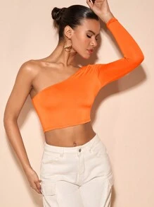 SHEIN BAE Solid One-Shoulder Crop Top - Orange - View 6