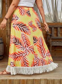 SHEIN LUNE Plus Size Music Festival Beach Fringe Patchwork Wrap Style Tiered Skirt Fall Cloth For Women - Yellow - View 3