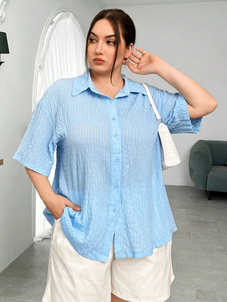 Women's Plus Size Textured Fabric Back Slit Self Tie Blue Shirt
