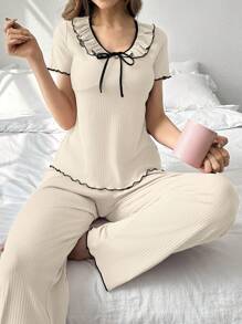 2 cái/bộ Xoay eo Cổ chữ V Ngắn tay Áo Và Quần chân thẳng Nhà  Mặc - Màu be - Xem 4