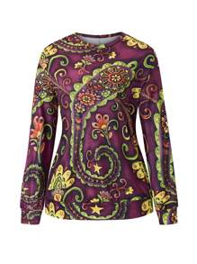EMERY ROSE Plus Size Women's Paisley Printed Long Sleeve Sweatshirt Graduation,Back To School Outfits,Graduation,Teacher Outfits For Women,Back To School - Purple - View 1