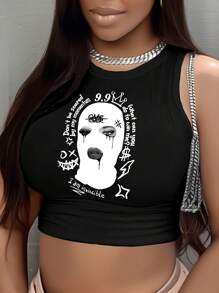 Slaydiva Top corto de ajuste ajustado con estampado de eslogan de figura enmascarada casual, adecuado para mujeres en verano - Negro - Ver 1