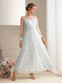 SHEIN Belle Long Sleeve Evening Party Dress With Glittery Mesh Element - White - View 5