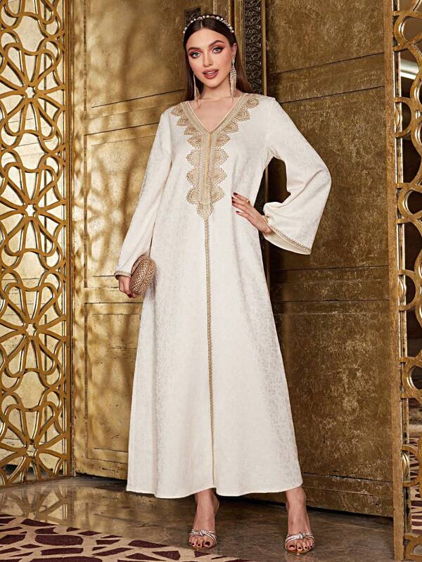 Al Najma Vestido modesto con cuello en V, aplicación bordada, mangas acampanadas, vestido árabe de manga larga elegante y de lujo, Kaftan