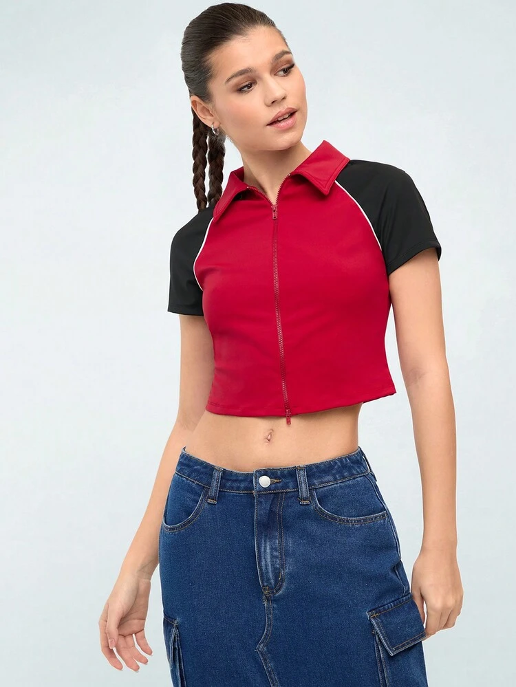 Women's Color Block Short Sleeve Zipper Front T-Shirt