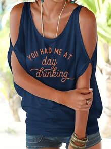 INAWLY Áo trễ vai nữ Plus Size có in khẩu hiệu - Xanh đậm - Xem 1