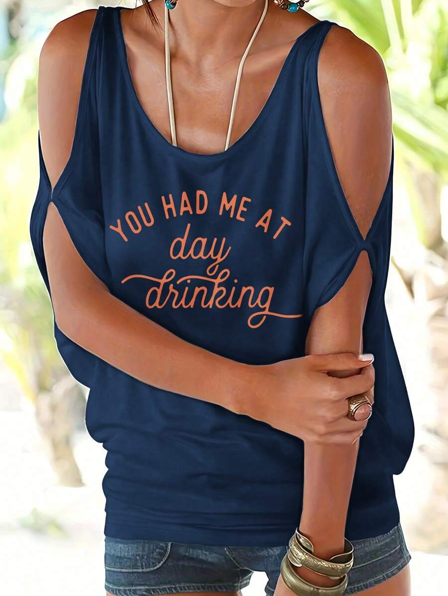 INAWLY Áo trễ vai nữ Plus Size có in khẩu hiệu - Xanh đậm - Xem 1