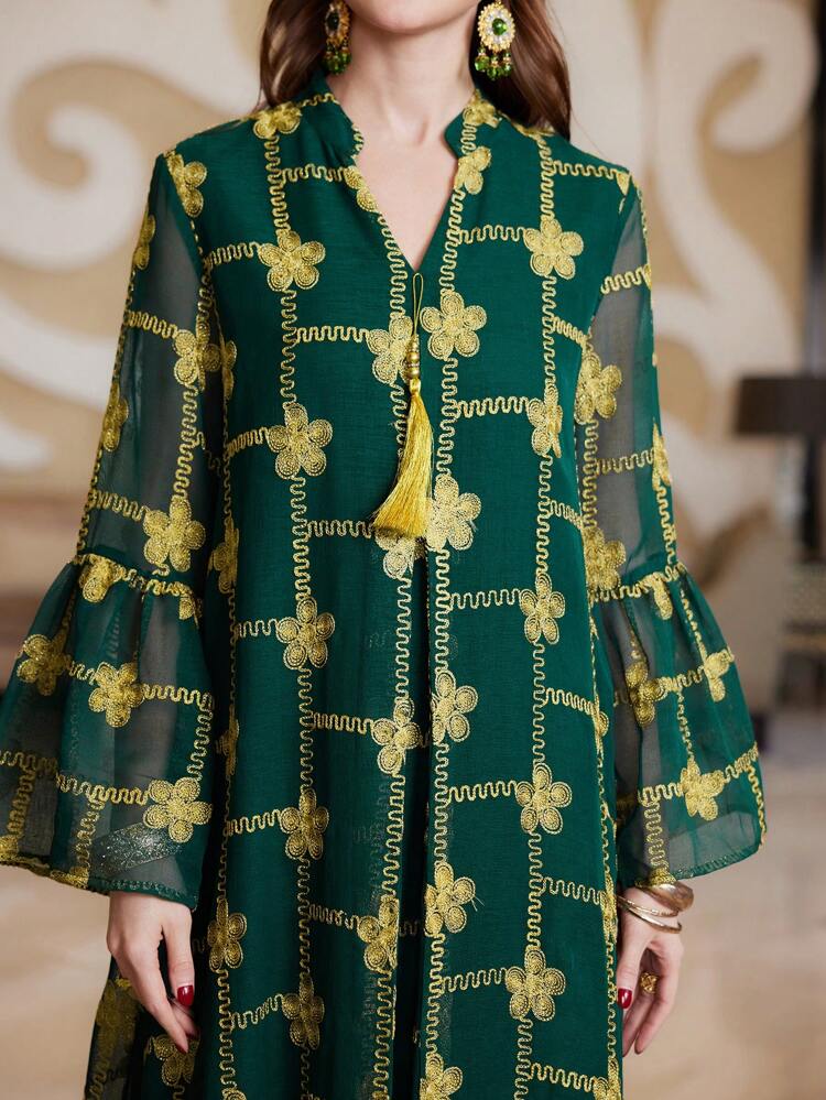 Floral Embroidered Flared Sleeve Notch Neckline Evening Jalabiya Dress, Elegant Evening Party Maxi Dress