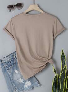 INAWLY 大码女式花卉印花短袖 T 恤图案 T 恤女式上衣 - 卡其色 - 查看 2