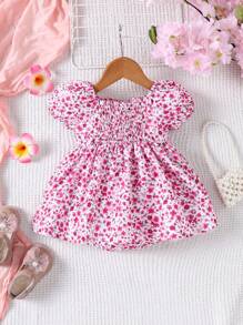 SHEIN Vestido de manga corta abullonada con espalda fruncida y estampado floral diminuto para niñas bebé de primavera/verano