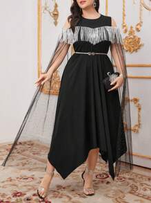 Modelyn Plus Size Women's Off Shoulder Patchwork Tassel Dress Long Evening Dresses - Black - View 1