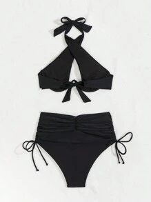 Swim Basics Conjunto de bikini de unicolor con soporte de acero incorporado para damas, conjunto de bikini de dos piezas con talle alto y aros, traje de baño, atuendo de playa, vacaciones de verano, playa de verano
