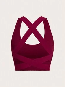 حمالة صدر لاسلكية بتصميم متقاطع مخطط بخطوط بارزة ذات لون واحد للرياضة - عنابي اللون - مشاهدة 2