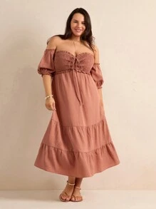 Forever 21 大碼露肩泡泡袖束口褶皺胸前氣泡裙 - 銅色 - 查看 3