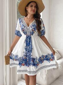 Flirla Đầm Boho in họa tiết cổ chữ V cỡ lớn cho mùa hè, trang phục đi biển dành cho nữ - Xanh và trắng - Xem 3