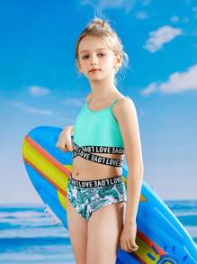 SHEIN 少女热带印花字母交叉胶带比基尼套装夏日海滩 - 彩色 - 查看 8