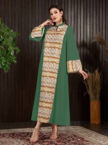 Al Najma Women's Fashionable Printed Patchwork Long Sleeve Arabian Dress