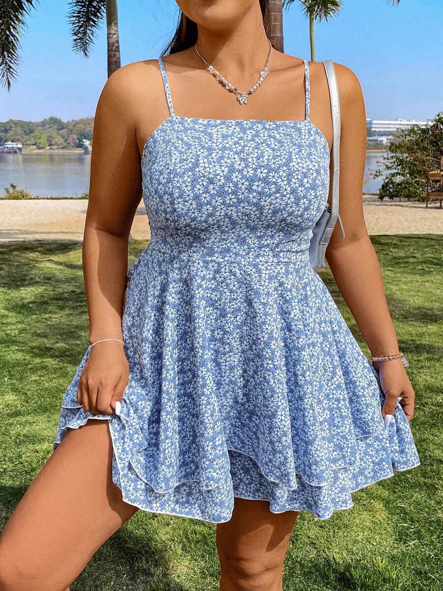 Flirla Bộ đồ liền thân boho in họa tiết hoa cỡ lớn, viền bèo nhún, dành cho mùa hè - Màu xanh lam - Xem 1