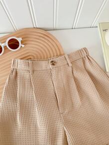 SHEIN LMoss Kids Solid Color Pleated Casual Straight Shorts For Tween Girls - Khaki - View 6