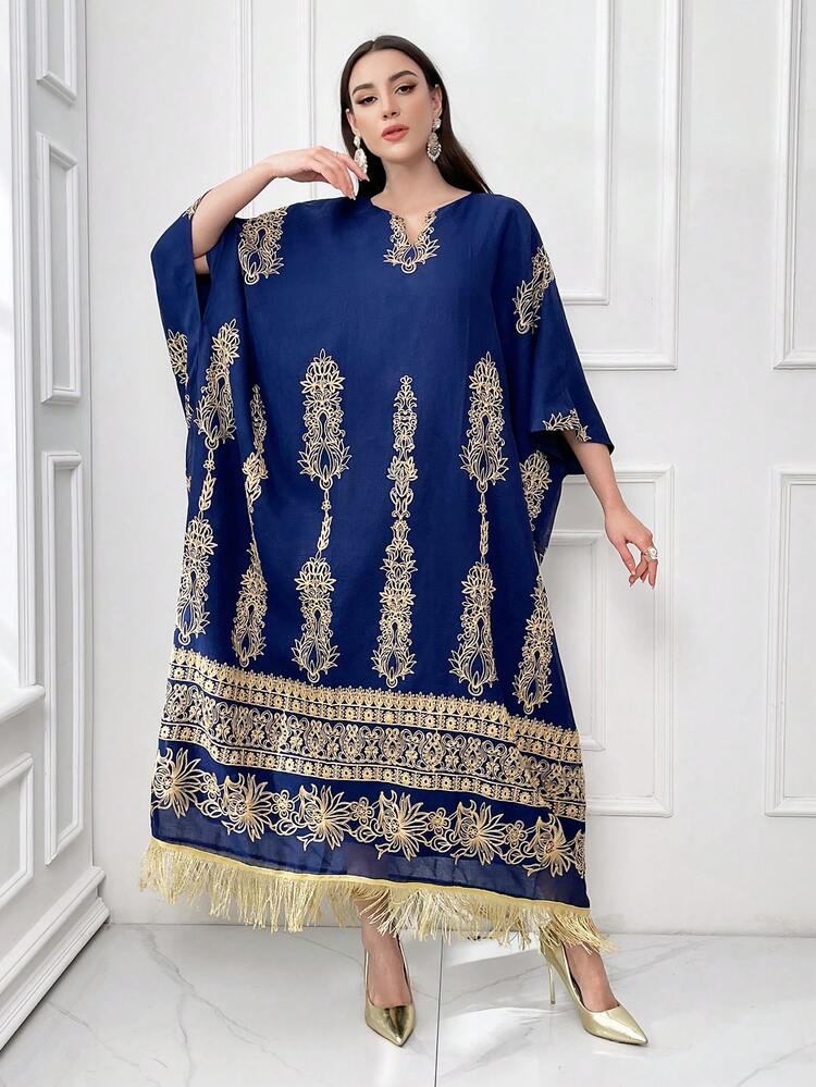 Women's Floral Print Notch Neck Turkish Tunic Dress Kaftan Jalabiya Dress