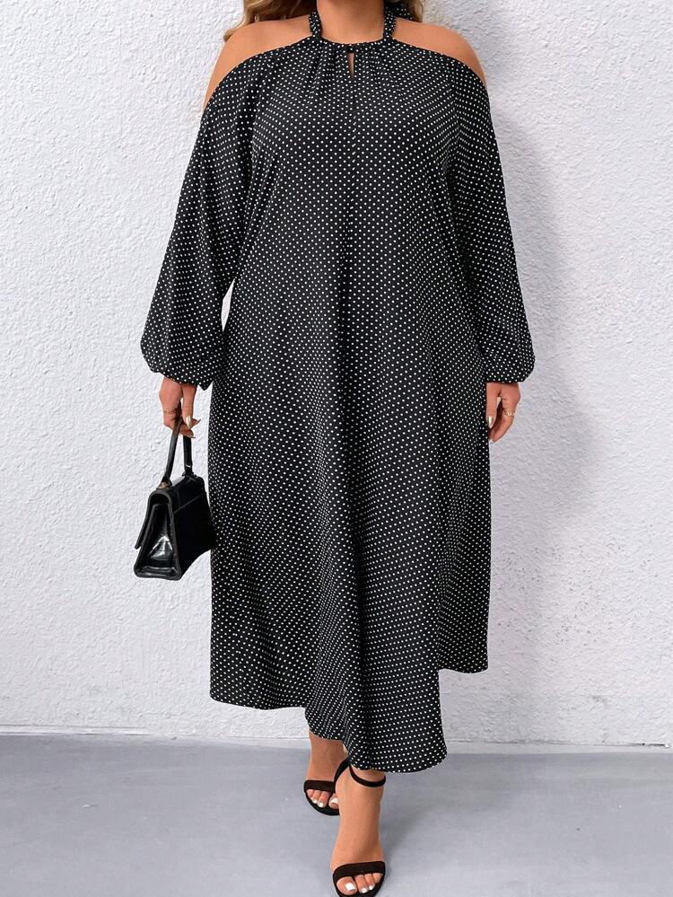 Plus Size Polka Dot Printed Lantern Sleeve Off Shoulder Halter Neck Dress