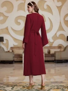 Al Najma V-Neck Arabesque Embroidery Dress Embellished With Rhinestones - Red - View 2