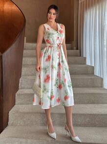 SHEIN Essnce Của phụ nữ Kỳ nghỉ Phong cách Buộc Nhuộm Không tay Single-breasted Đầm - Nhiều màu - Xem 3