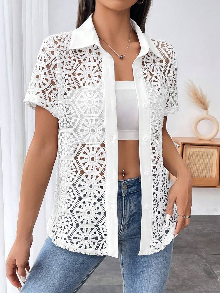 Ladies' Solid Color Lace Hollow Out Short Sleeve Blouse