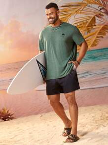 EASEVO Men Plus Size Alphabet & Palm Tree Graphic Printed Knit Casual Short Sleeve T-Shirt, For Vacation Beach, Summer