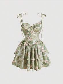 SHEIN MOD 女式拼布花卉印花打结肩带连衣裙 - 綠色 - 查看 1