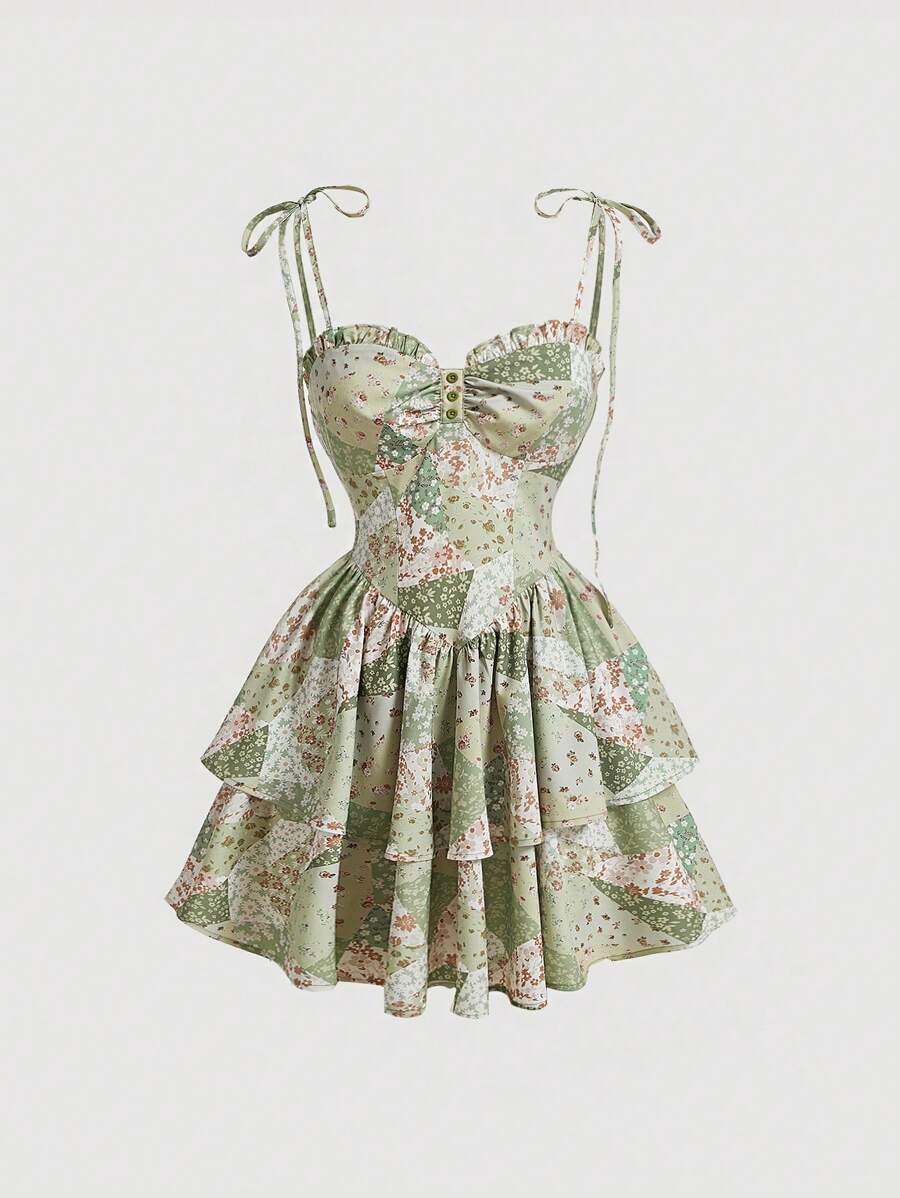 SHEIN MOD 女式拼布花卉印花打结肩带连衣裙 - 綠色 - 查看 1