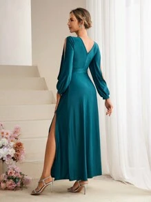 SHEIN Belle Surplice Neck Split Sleeve Bridesmaid Dress - Dark Green - View 2