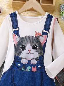Young Girl's Cat Printed 2 In 1 Suspender Dress - Multicolor - View 3